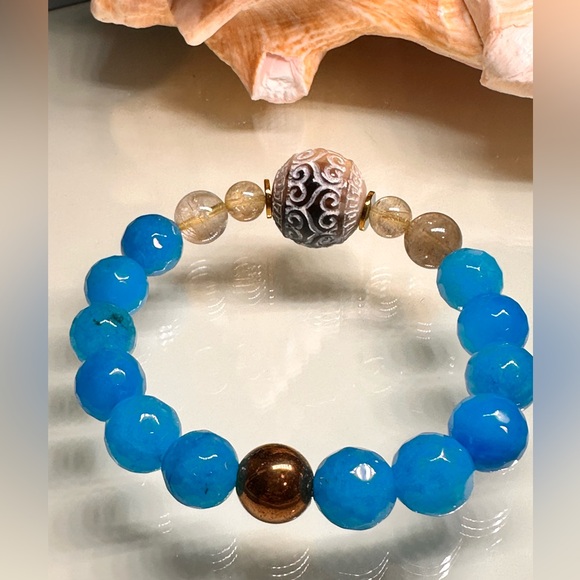 BLUE AGATE + JAK HORNS NATURAL STONES BRACELET size 7.5” - Picture 10 of 13